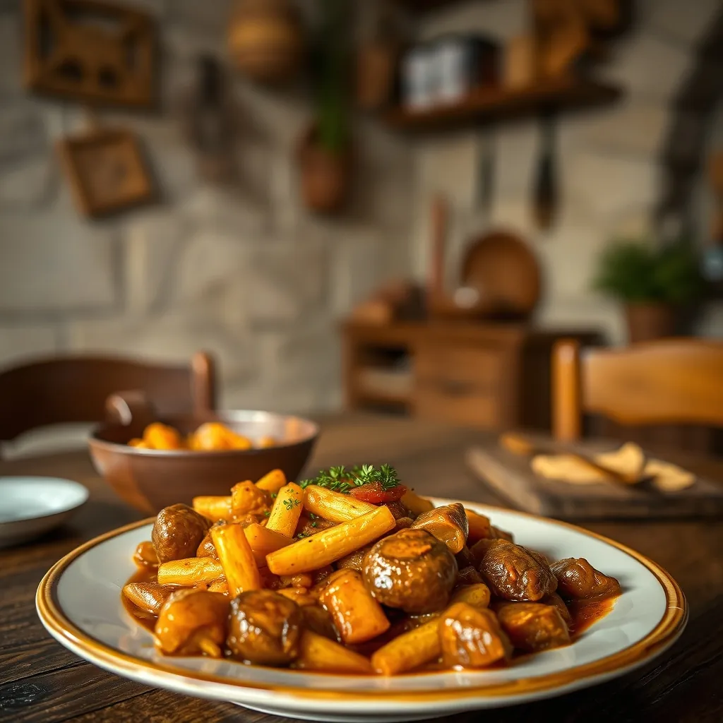 Un plato de cocido madrileño servido en un entorno rústico