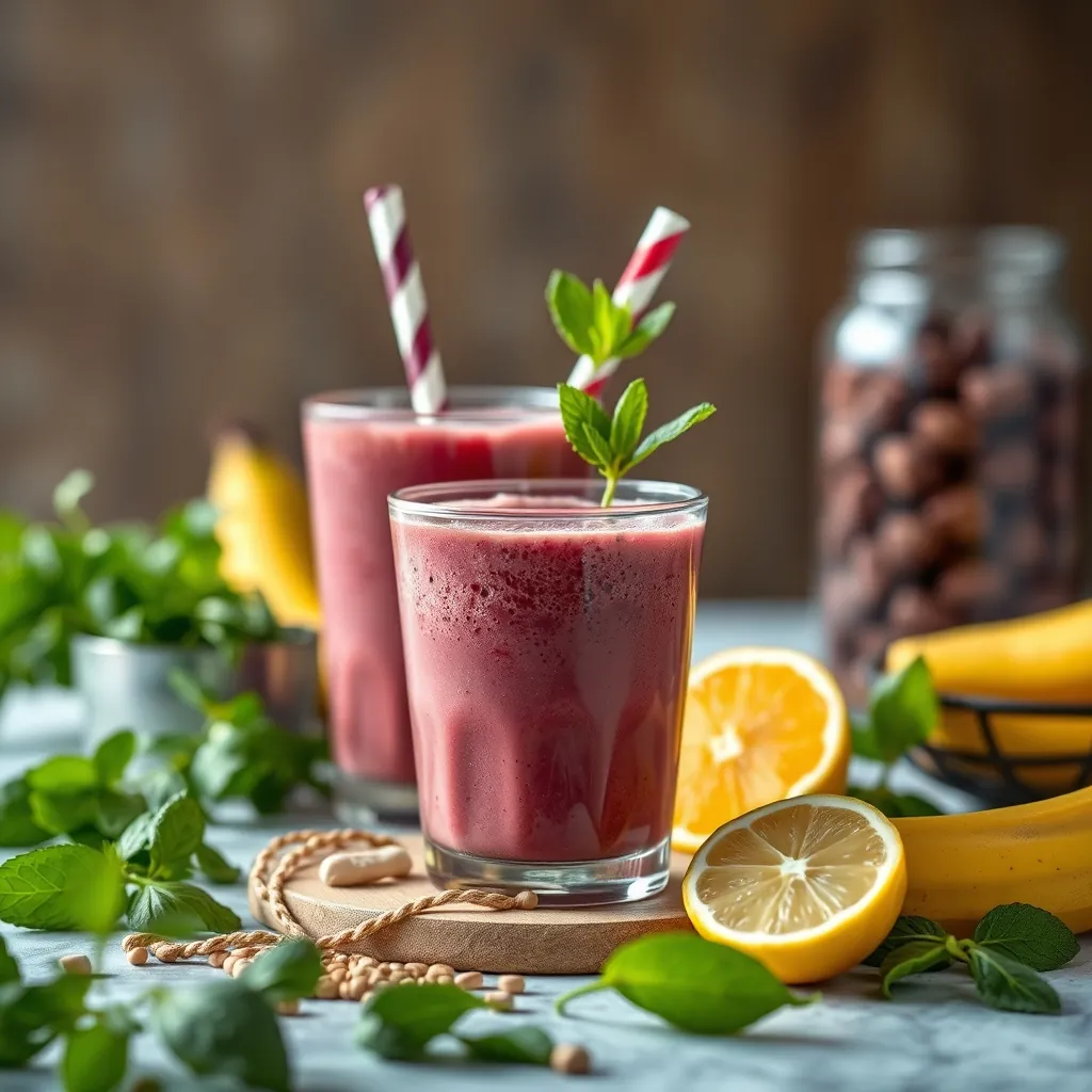 Collection of fresh fruits, leafy greens, and protein sources, arranged aesthetically to showcase healthy smoothie components.