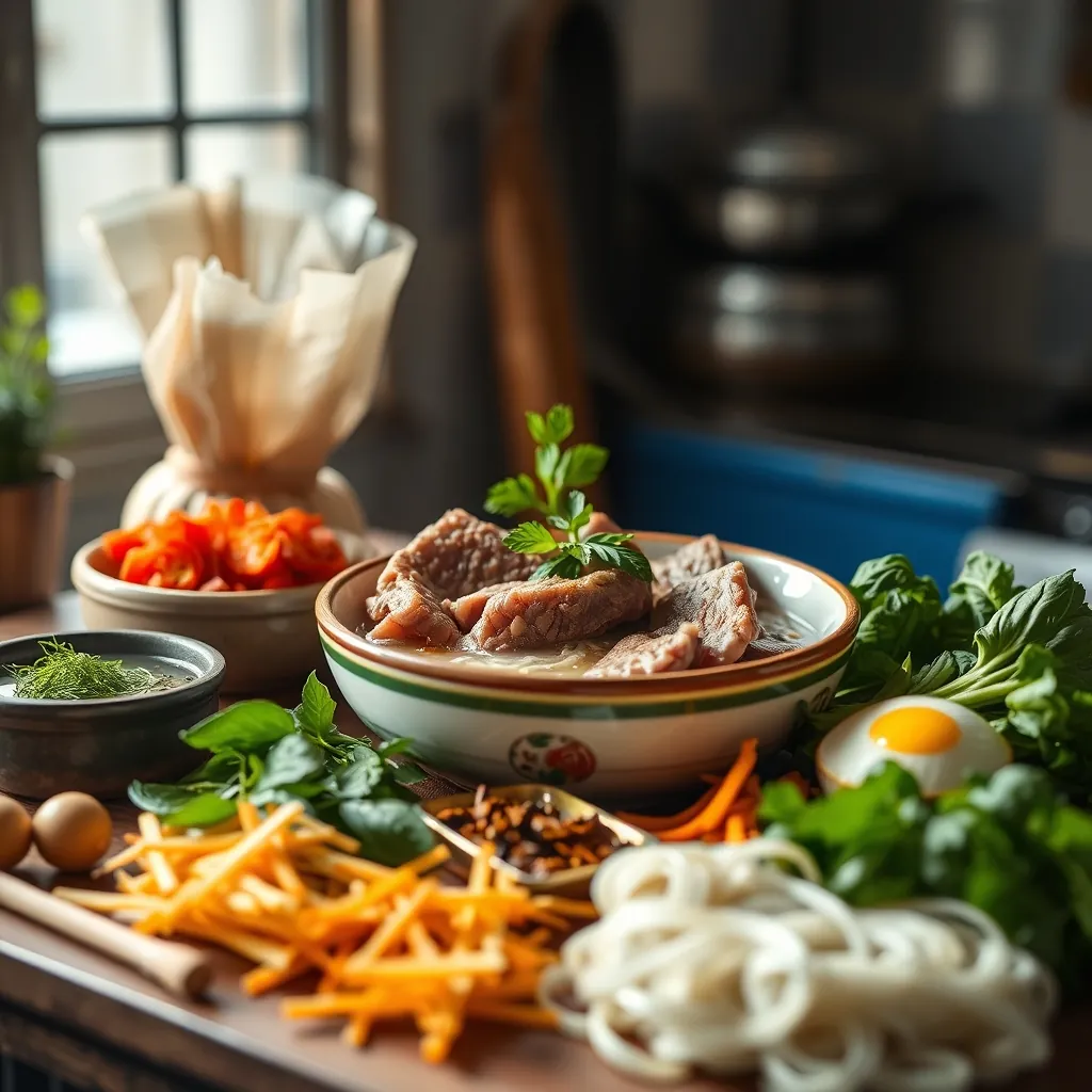 Collection of fresh ingredients for hanoi pho including beef, herbs, spices, and rice noodles | một bộ sưu tập nguyên liệu tươi ngon cho phở hà nội bao gồm thịt bò, rau thơm, gia vị và bánh phở. Collection fresh ingredients