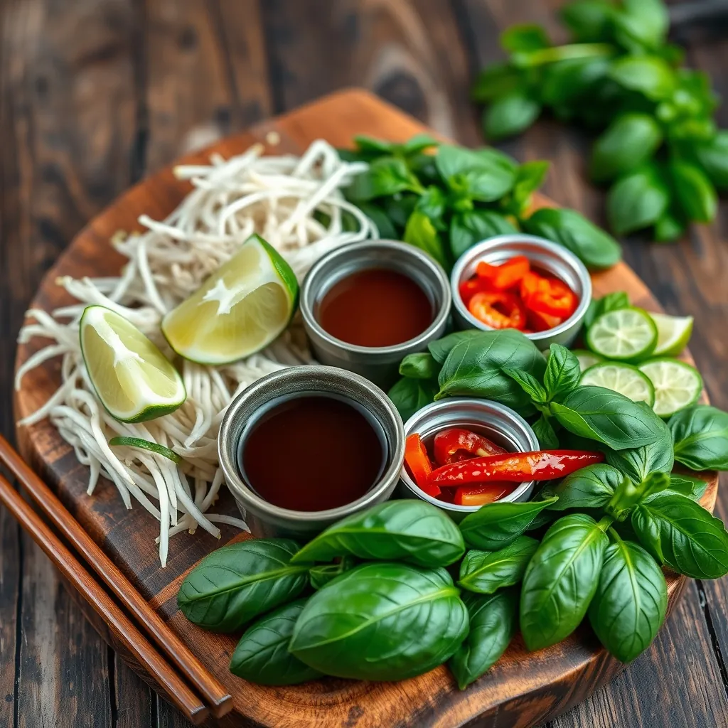 Colorful spread of fresh pho toppings on a rustic wooden board, including crisp bean sprouts, vibrant Thai basil leaves, bright green lime wedges, sliced red jalapeños, and small bowls of dark hoisin sauce and red sriracha, with chopsticks resting beside Colorful spread fresh