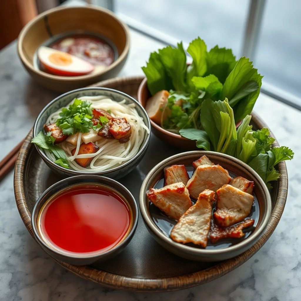 Mâm bún chả được bày biện đẹp mắt với các phần riêng biệt Complete bun cha
