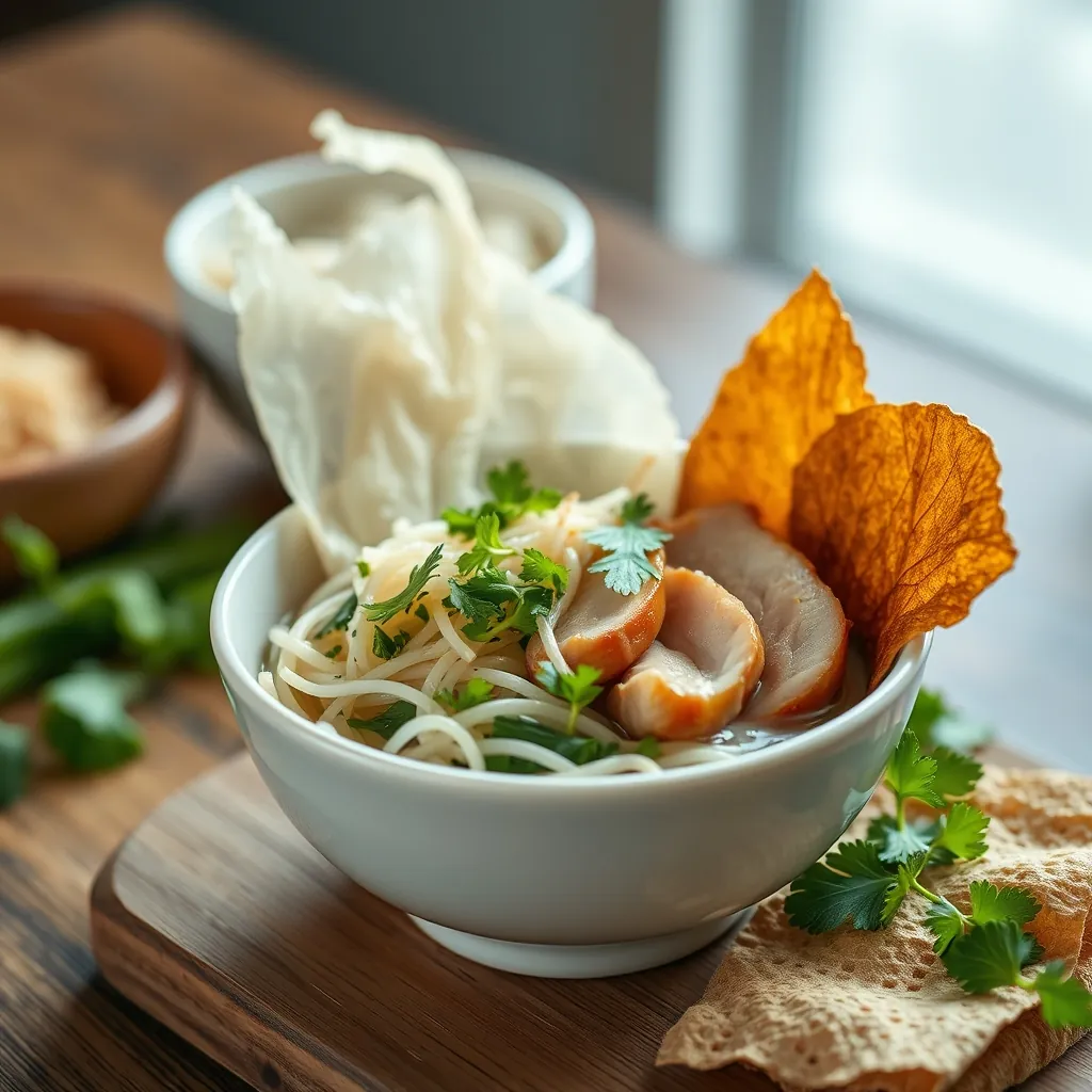 Tô bún mắm nêm hoàn chỉnh với rau sống, thịt heo quay và bánh tráng nướng bên cạnh Completed bowl bun