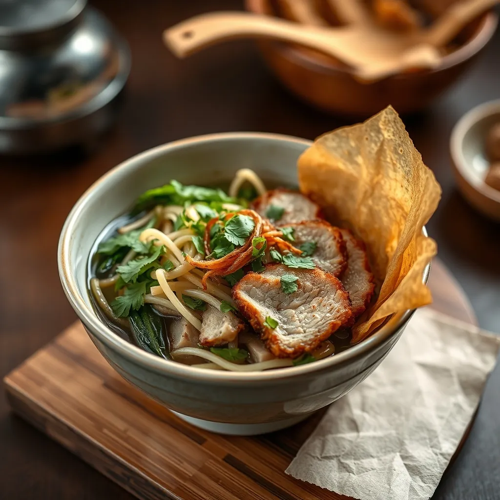 Tô bún mắm nêm hoàn chỉnh với rau sống, thịt heo quay và bánh tráng nướng bên cạnh Completed bowl bun