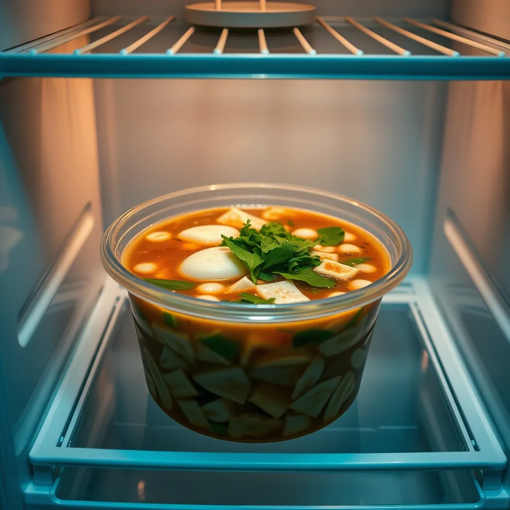 Container of cooked pho being stored in a refrigerator | một hộp phở đã nấu được bảo quản trong tủ lạnh. Container cooked pho