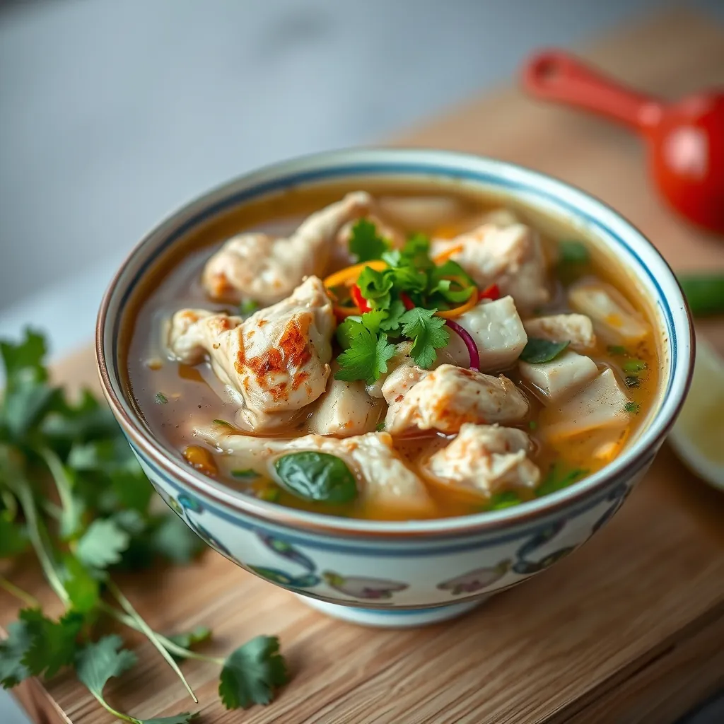 Phở gà đã nấu trong tô với rau và gia vị Cooked chicken pho