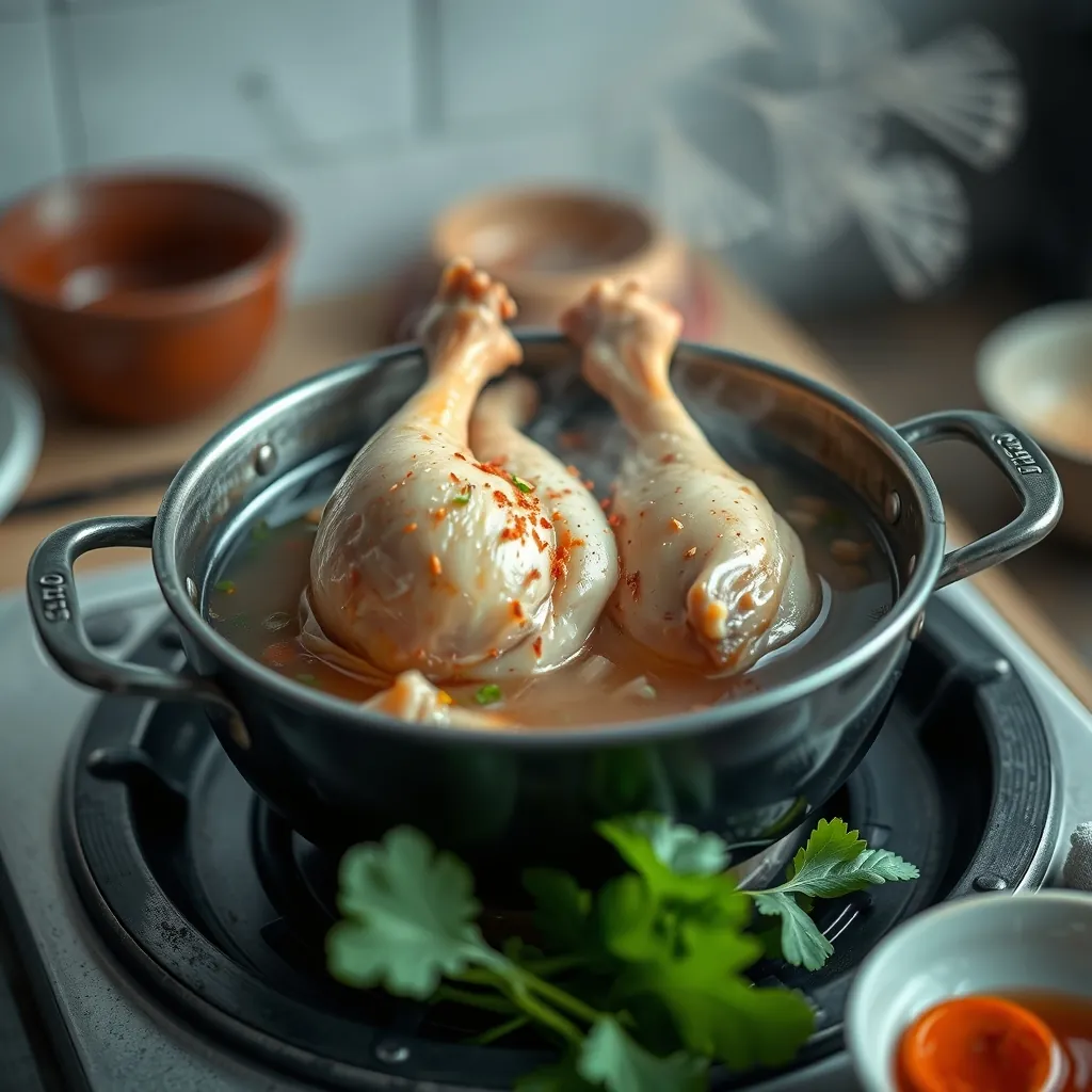 Cooking chicken for pho, showcasing the process of boiling and seasoning the chicken to enhance its flavor and tenderness. Cooking chicken pho