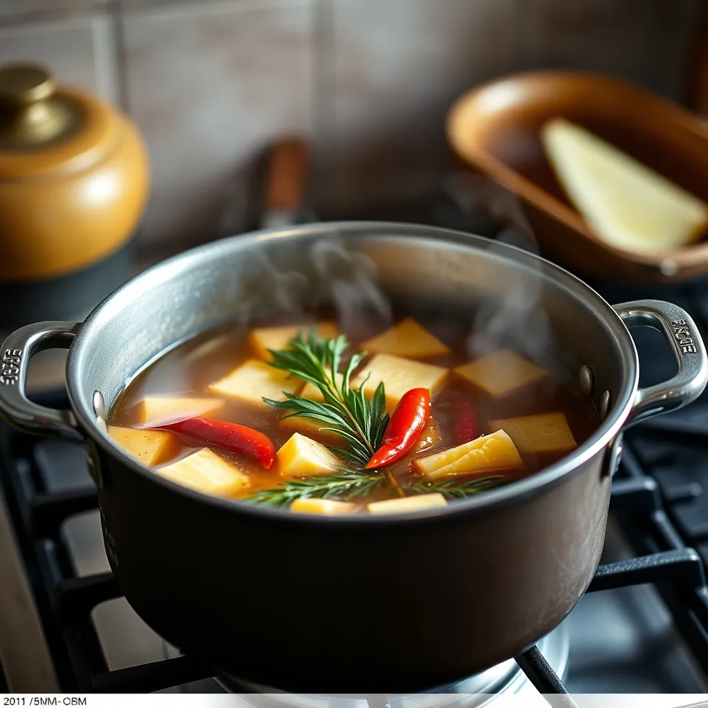 Nồi nước dùng bún mắm nêm đang sôi với dứa, sả và ớt Cooking pot simmering