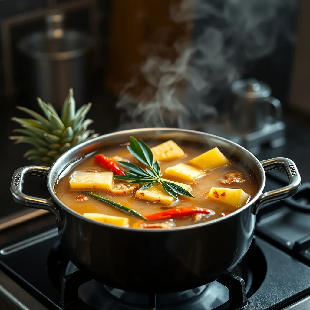 Nồi nước dùng bún mắm nêm đang sôi với dứa, sả và ớt Cooking pot simmering