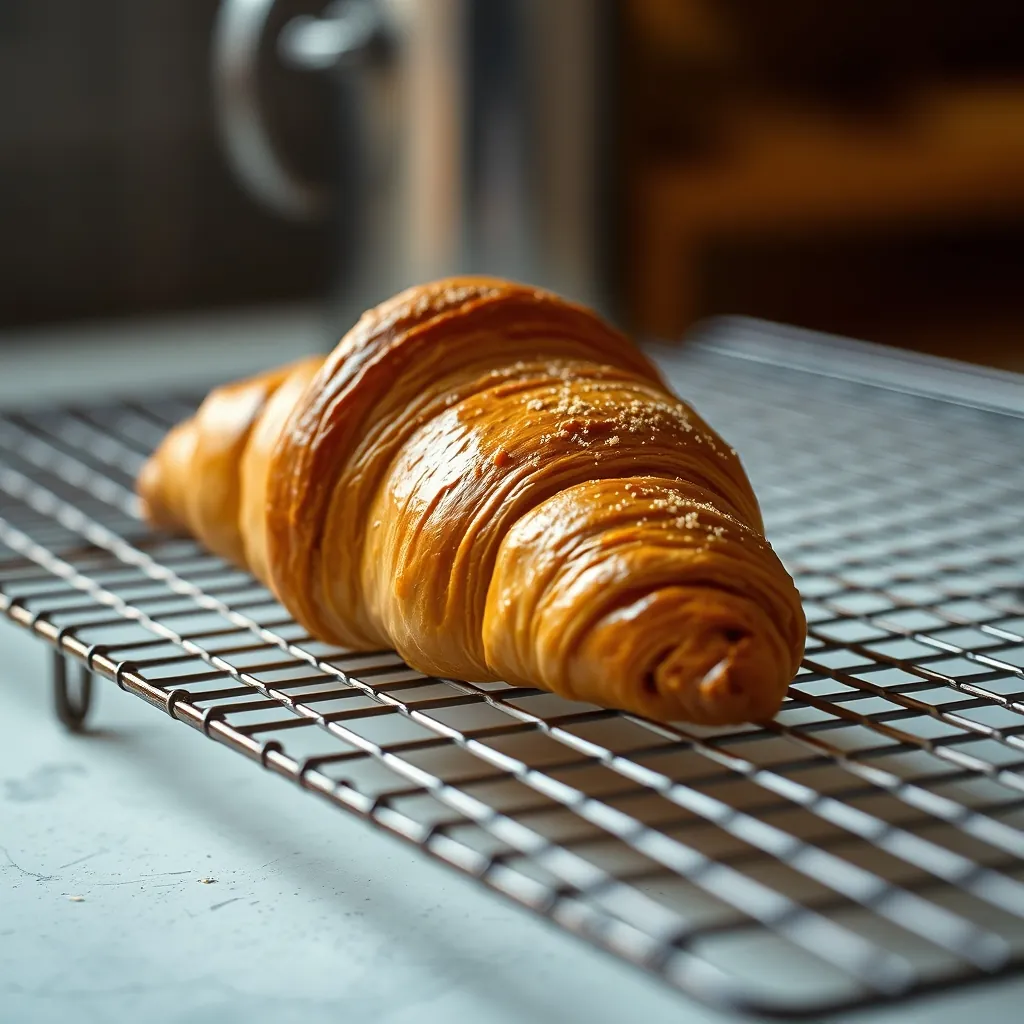 Un croissant doré fraîchement cuit sur une grille de refroidissement