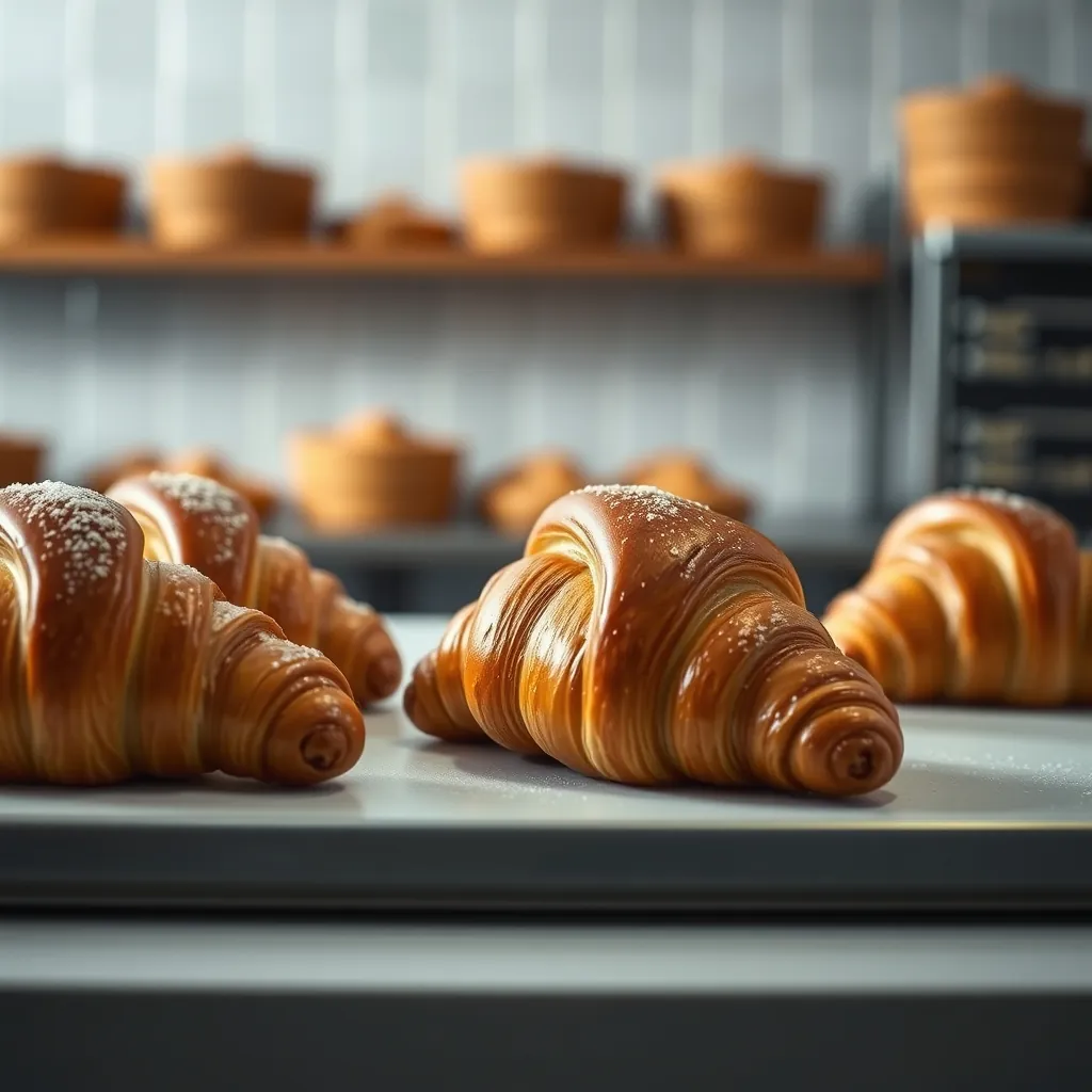 Croissants frais sur un comptoir de boulangerie