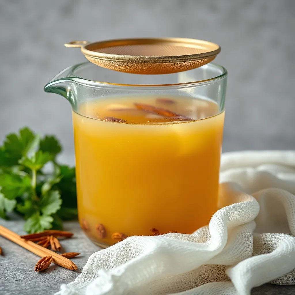 Crystal clear golden pho broth in a glass pot with a fine-mesh strainer and cheesecloth nearby, showing the transparent liquid with visible spices and herbs at the bottom Crystal clear golden