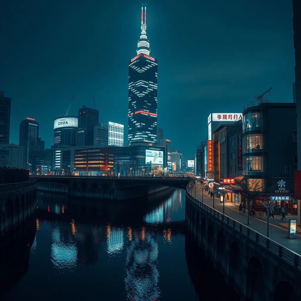 大阪のネオン輝く道頓堀と梅田スカイビルの夜景