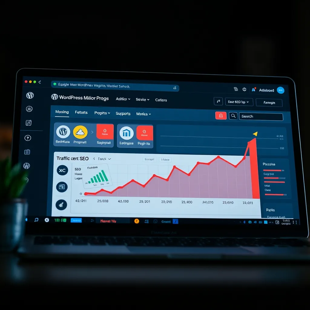 Bảng điều khiển WordPress với các plugin SEO và biểu đồ tăng trưởng lưu lượng truy cập Dashboard wordpress website