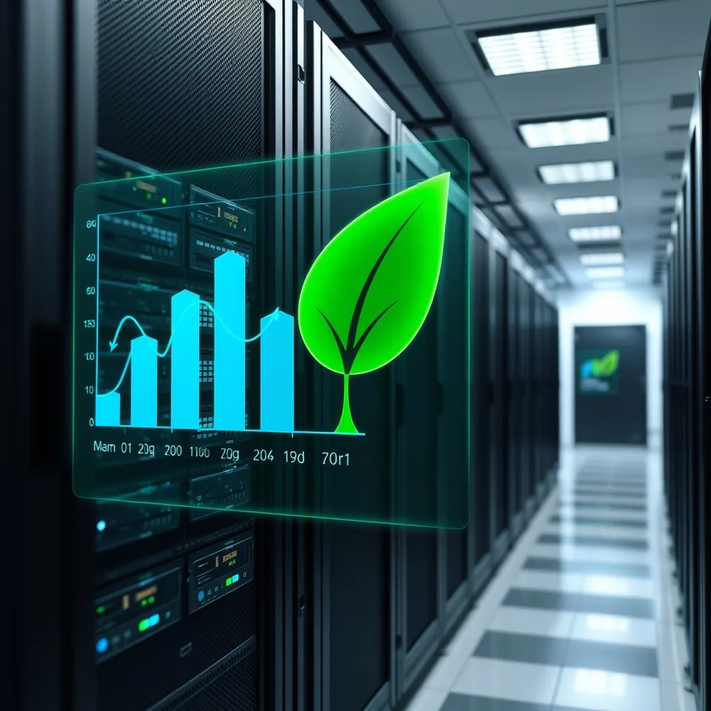 Data center with rows of servers, with a visual overlay showing energy consumption graphs and a green leaf icon symbolizing environmental considerations in software development Data center rows