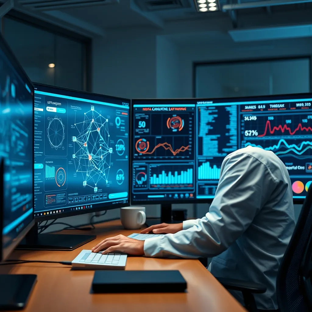 Data scientist analyzing complex machine learning models on a large screen, surrounded by visualizations of neural networks and statistical graphs in a modern analytics lab Data scientist analyzing