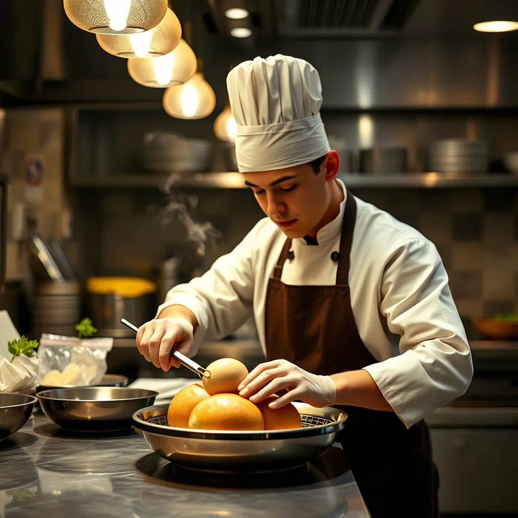 Đầu bếp chuyên nghiệp đang chuẩn bị bún chả trong bếp nhà hàng