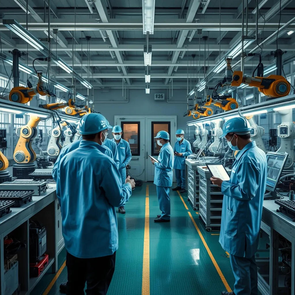 Dây chuyền điện tử tại Việt Nam chia làm hai khu vực, robot và hệ thống kiểm tra tự động một bên, công nhân theo dõi máy tính bảng một bên.