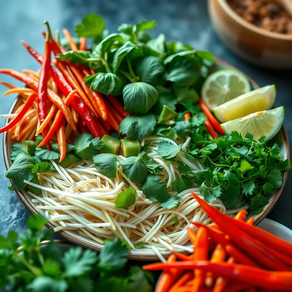Đĩa rau sống ăn kèm phở gà được sắp xếp thành từng góc riêng biệt, gồm húng quế, giá đỗ, chanh, ớt và ngò rí trên đĩa gốm