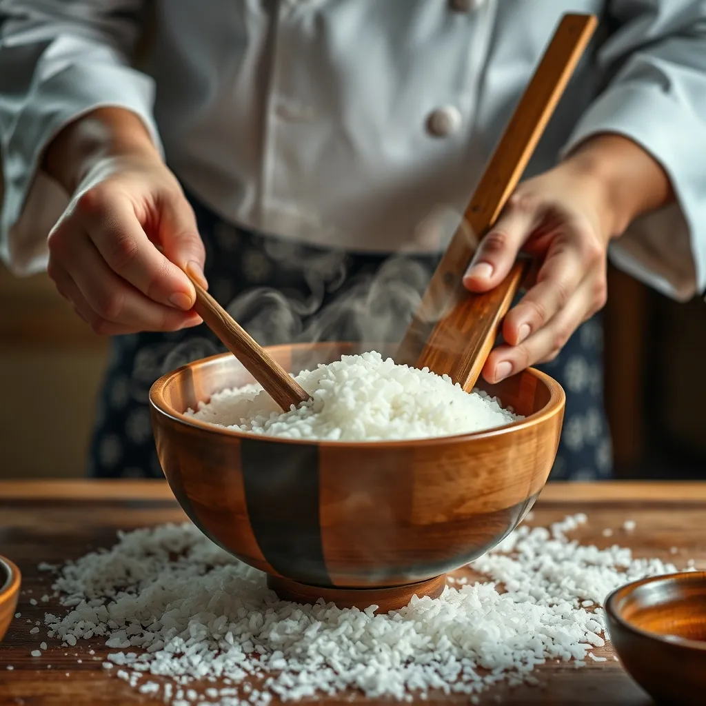 調味酢を切り混ぜるプロの技。木桶としゃもじが本格的な味わいを生む