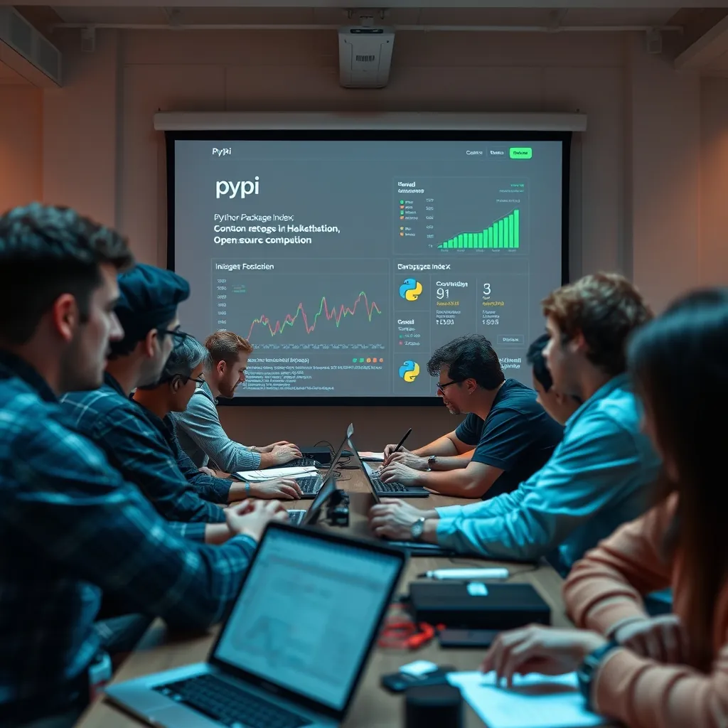 Diverse group of developers collaborating at a hackathon, with a large projection screen showing the Python Package Index (PyPI) website and various open-source contribution graphs Diverse group developers