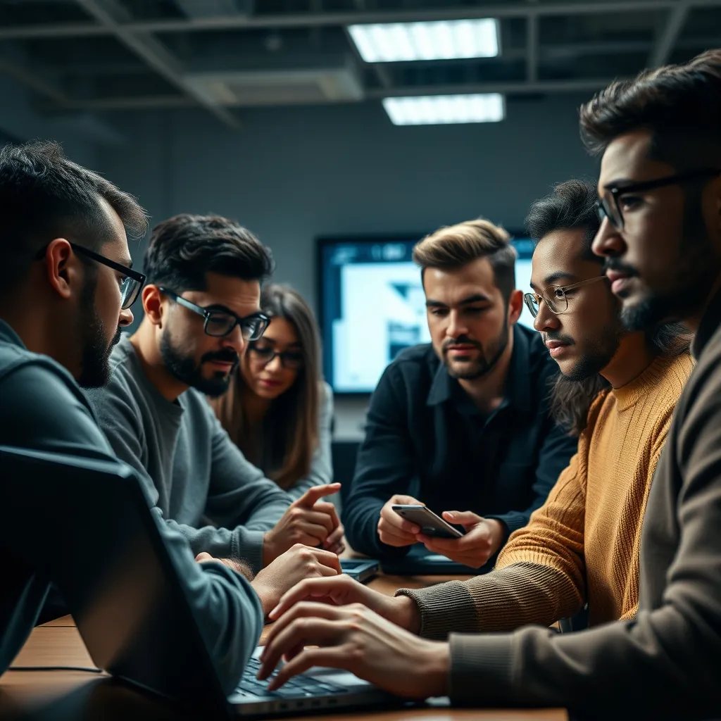 Eine diverse Gruppe von Menschen lernt gemeinsam Programmieren Diverse group people