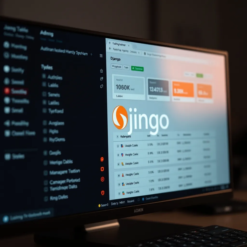 Django logo displayed on a screen showing an admin dashboard interface with data tables and form fields Django logo displayed