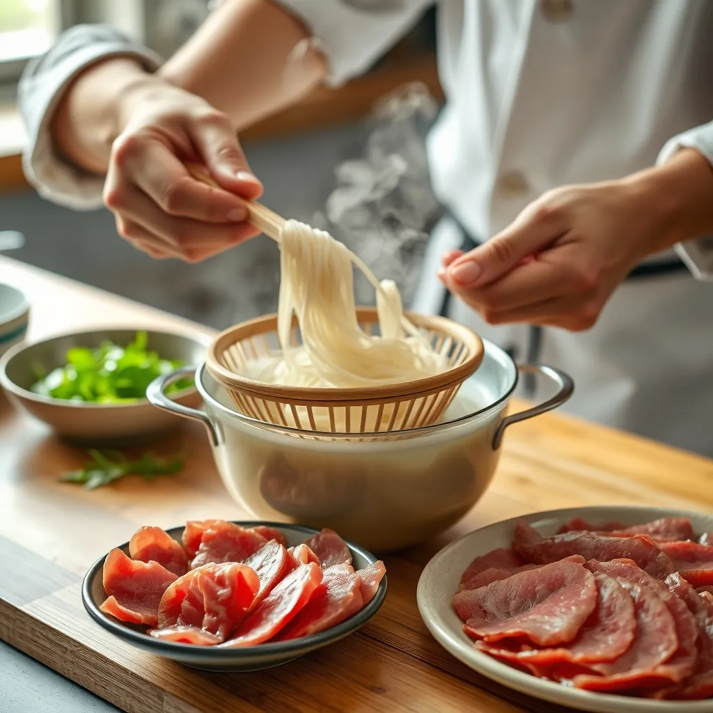 Đôi tay đang chần bánh phở tươi trong rổ tre nhúng nước sôi, hơi nước bốc lên, thịt bò thái lát mỏng xếp trên đĩa bên cạnh trong không gian bếp chuyên nghiệp Đôi tay đang chần bánh phở tươi trong rổ tre nhúng nước sôi, hơi nước bốc lên, thịt bò thái lát mỏng xếp trên đĩa bên cạnh trong không gian bếp chuyên nghiệp