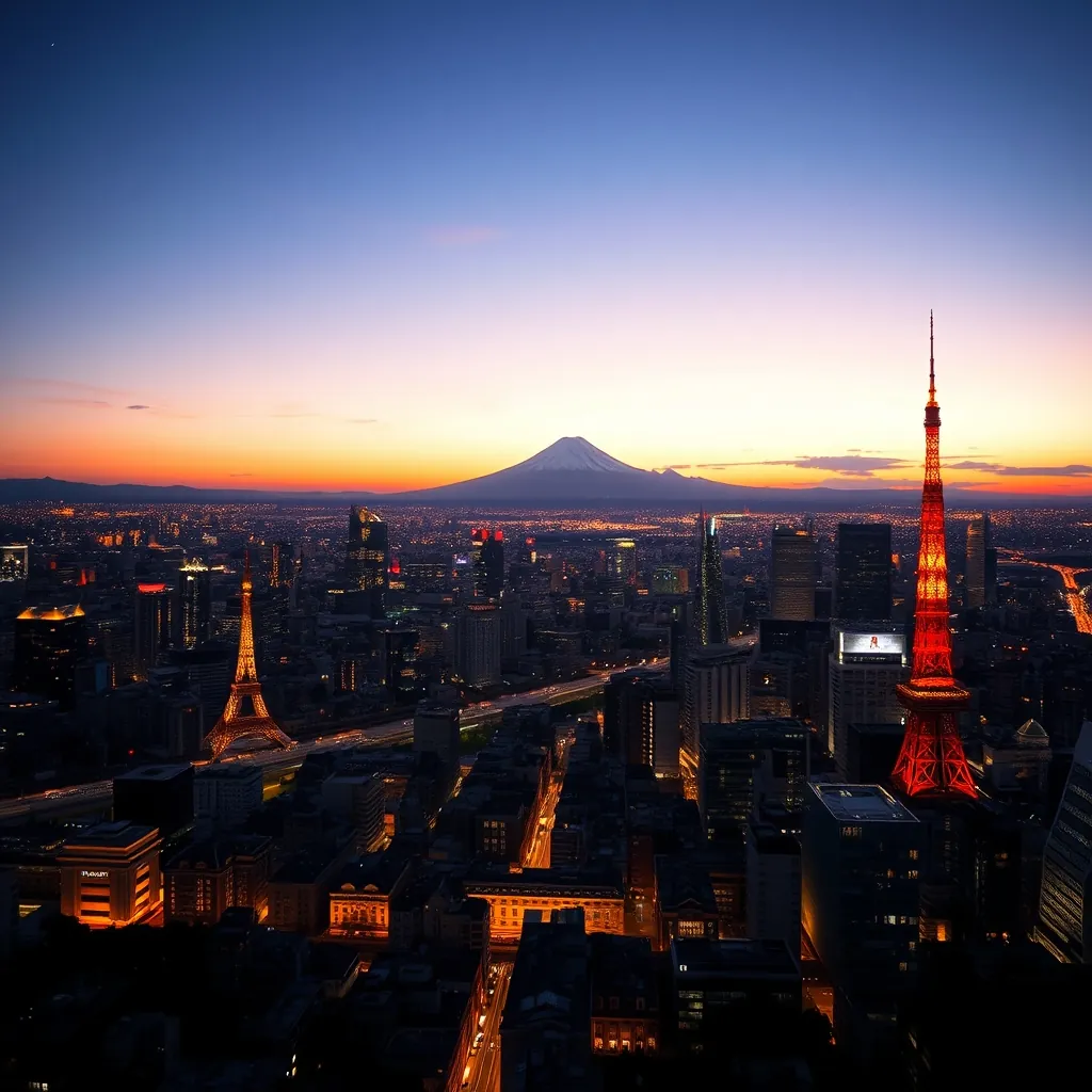 東京の夕暮れ時パノラマ風景と富士山