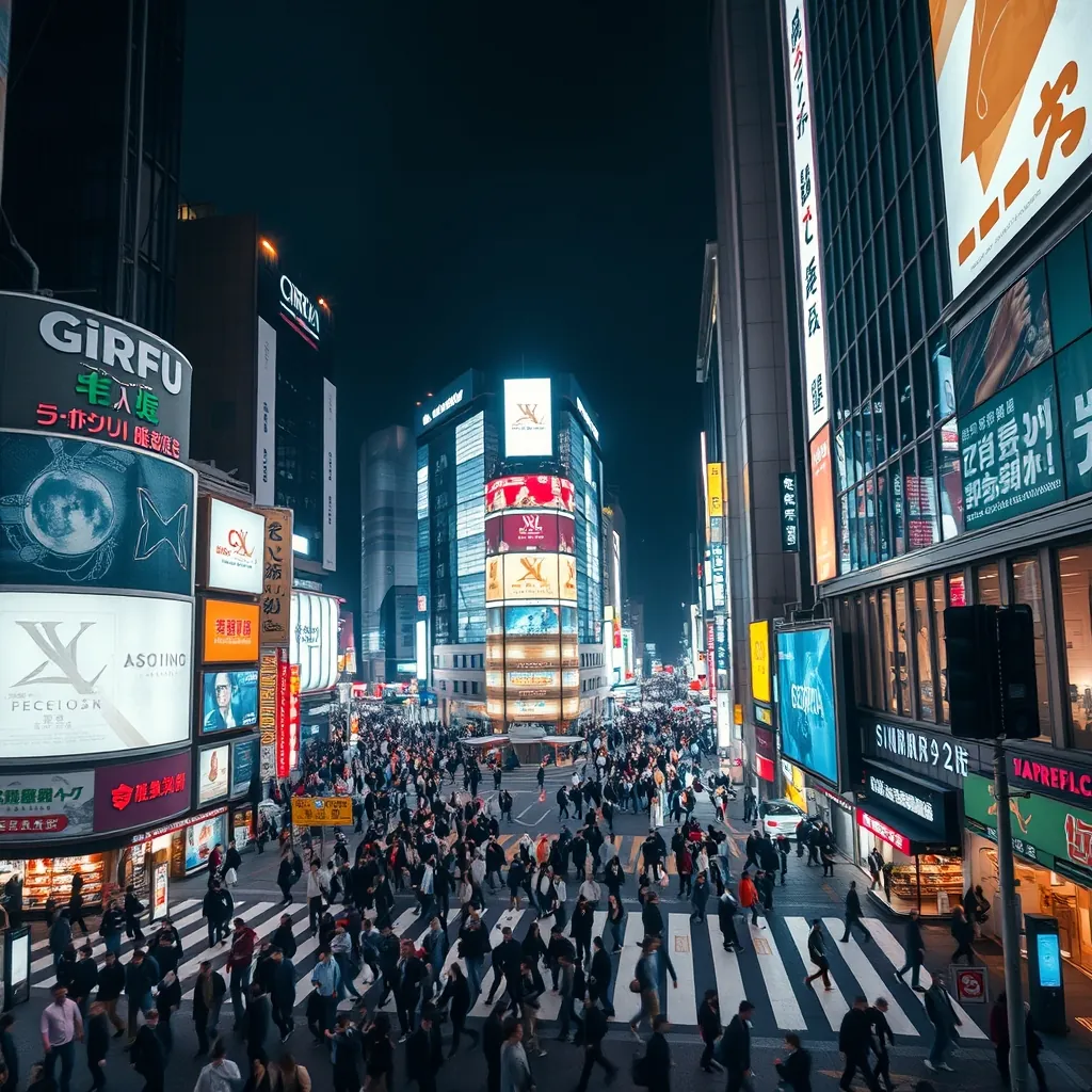 東京の象徴、渋谷スクランブル交差点の夜景 東京の象徴、渋谷スクランブル交差点の夜景