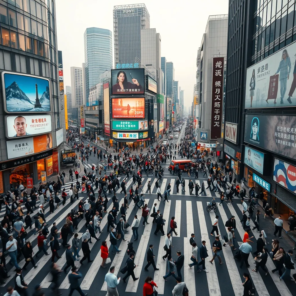 東京渋谷スクランブル交差点の多様な人々と近代的なビル群
