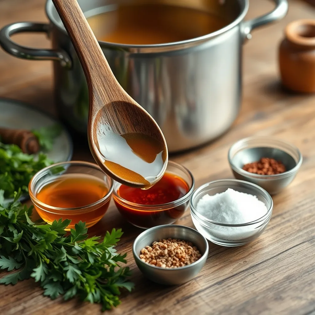 Muỗng gỗ múc nước dùng phở trong veo, các loại gia vị gồm nước mắm, đường phèn, muối được bày biện gọn gàng trên bàn gỗ Muỗng gỗ múc nước dùng phở trong veo, các loại gia vị gồm nước mắm, đường phèn, muối được bày biện gọn gàng trên bàn gỗ