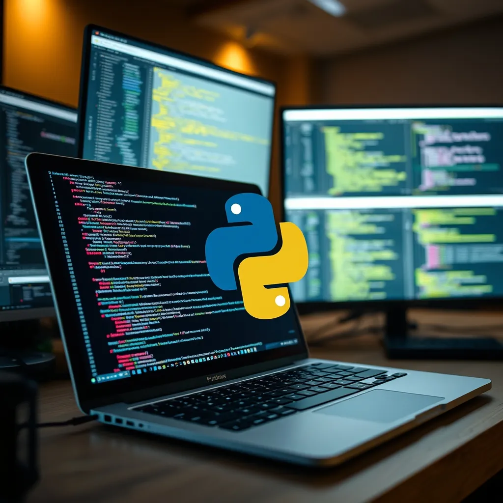 Python code on a laptop screen with a web framework logo overlay, developer workspace with multiple monitors showing code editors and browser windows Editors browser windows
