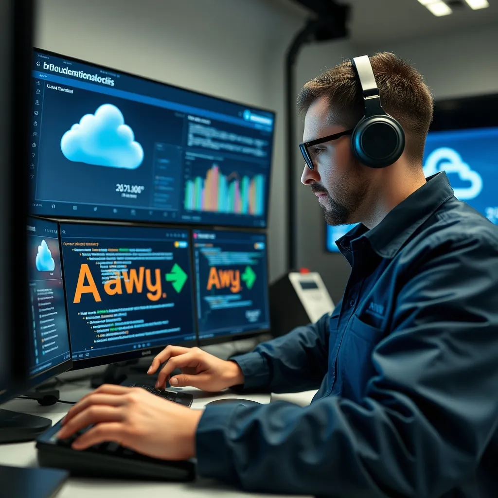 Cloud engineer deploying Python-based automation scripts to a cloud infrastructure dashboard, with icons representing AWS, Azure, and Google Cloud visible on the screens Engineer deploying pythonbased