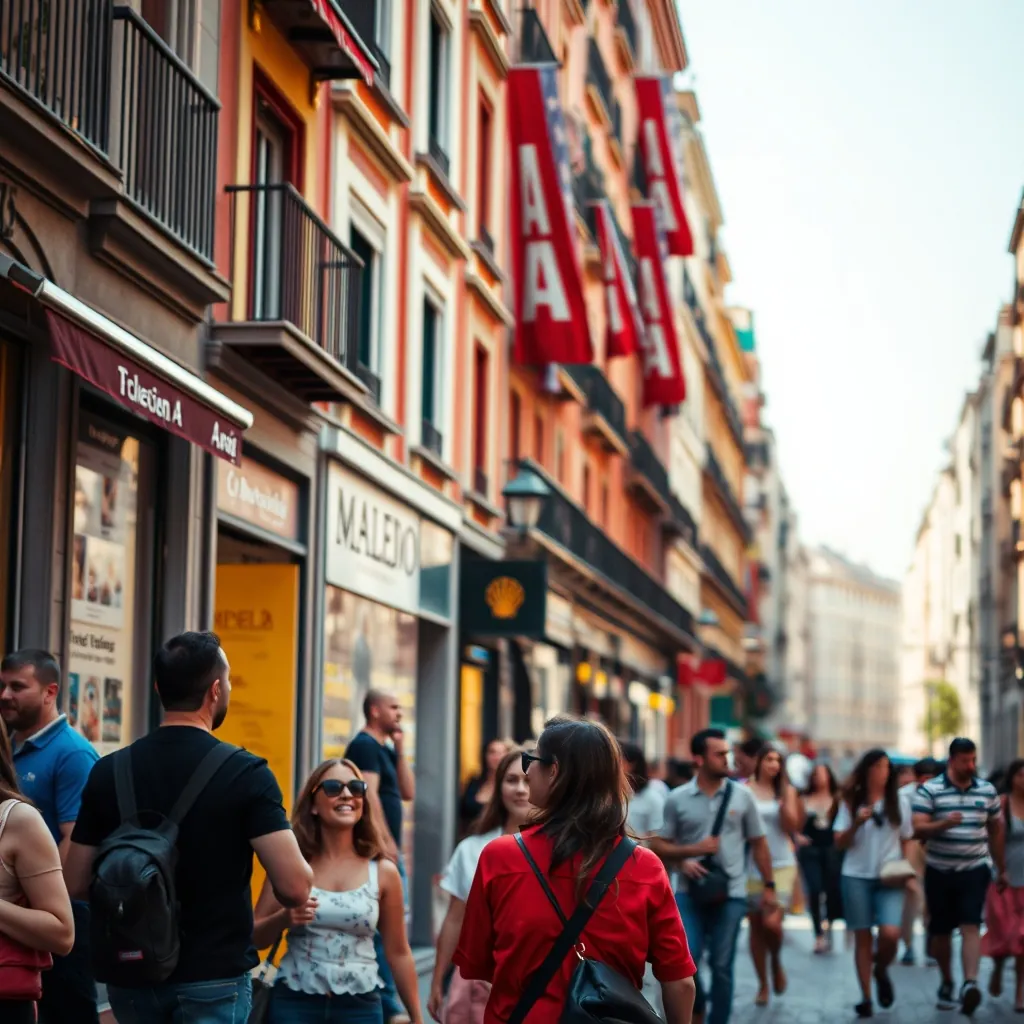 Escena vibrante en una calle de Madrid con personas disfrutando del ambiente