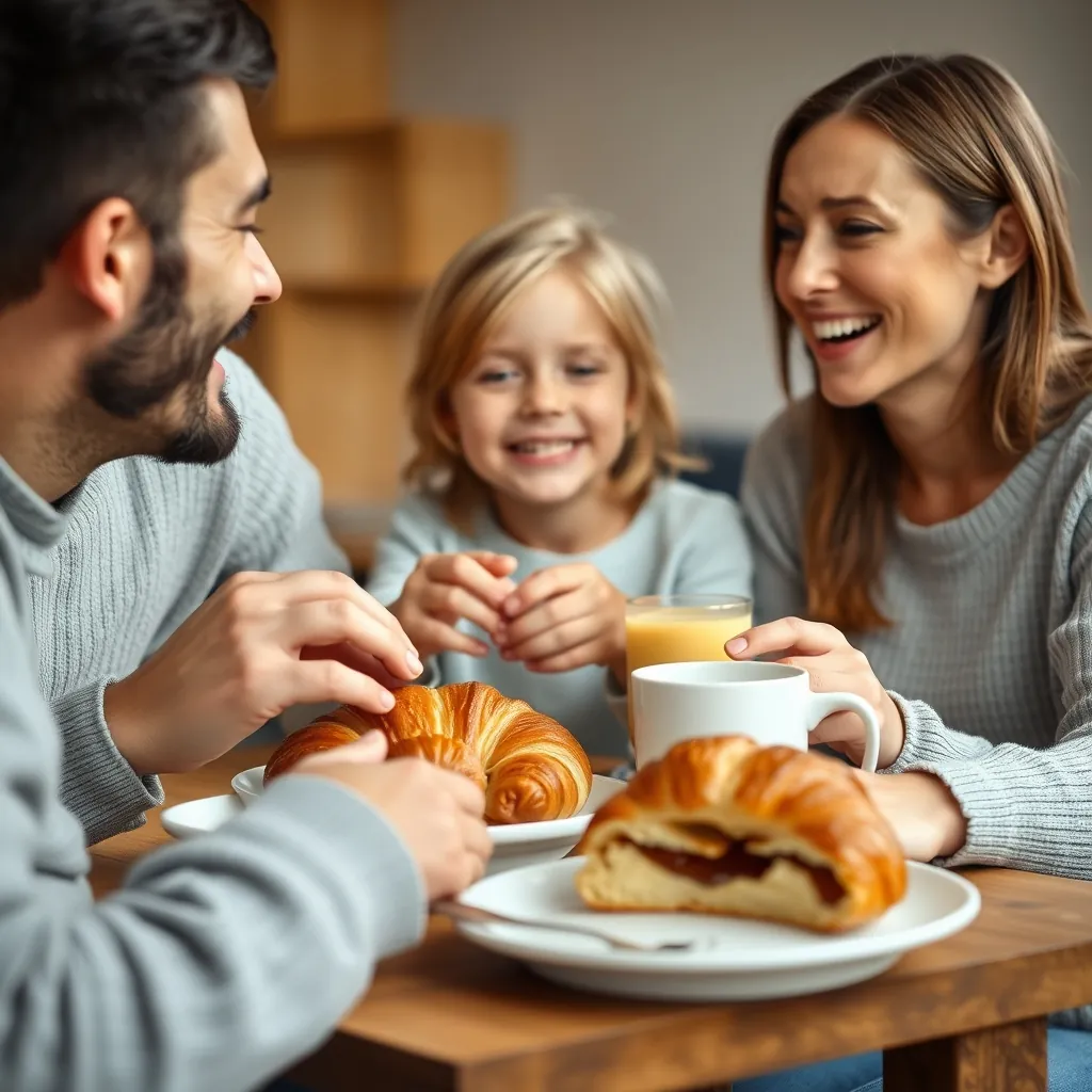 Famille heureuse dégustant des croissants au petit déjeuner Famille heureuse dégustant des croissants au petit déjeuner