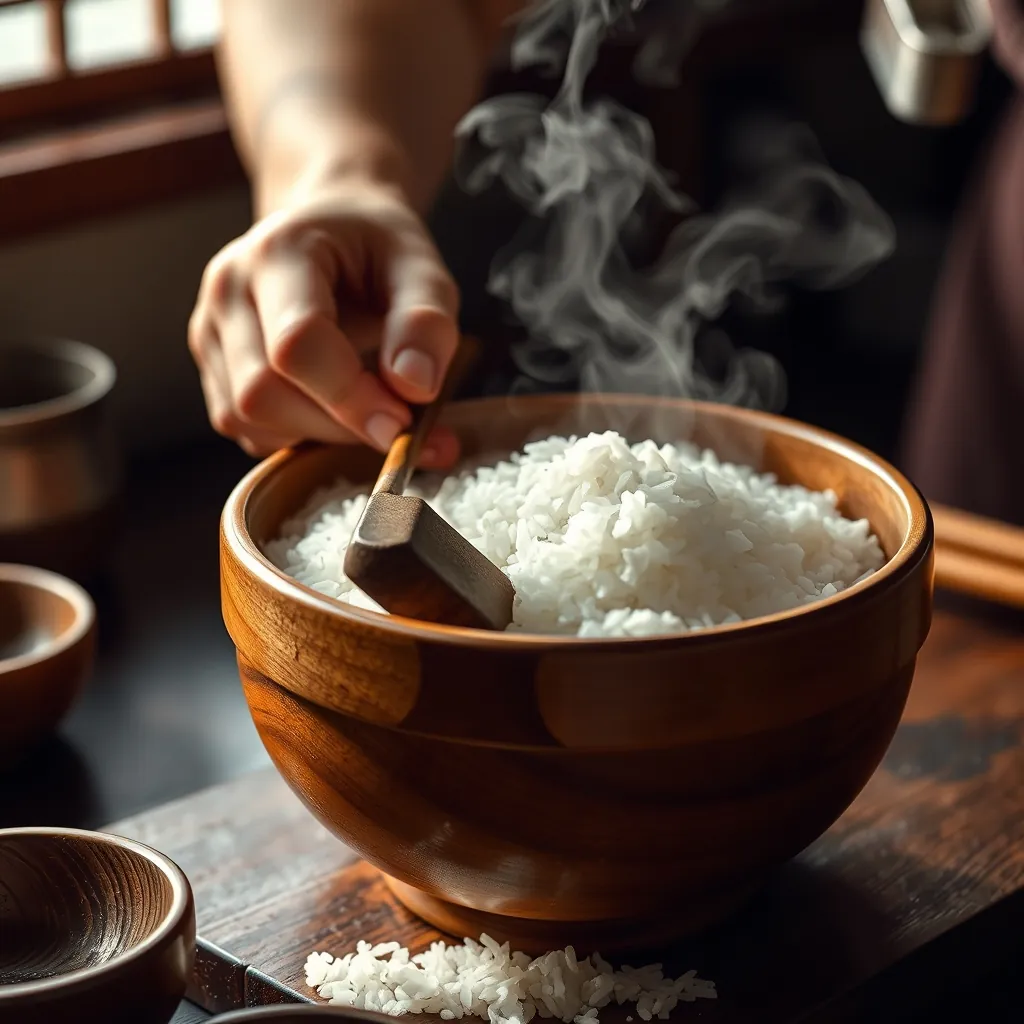 飯台で酢飯を切るように混ぜる職人の手元 飯台で酢飯を切るように混ぜる職人の手元