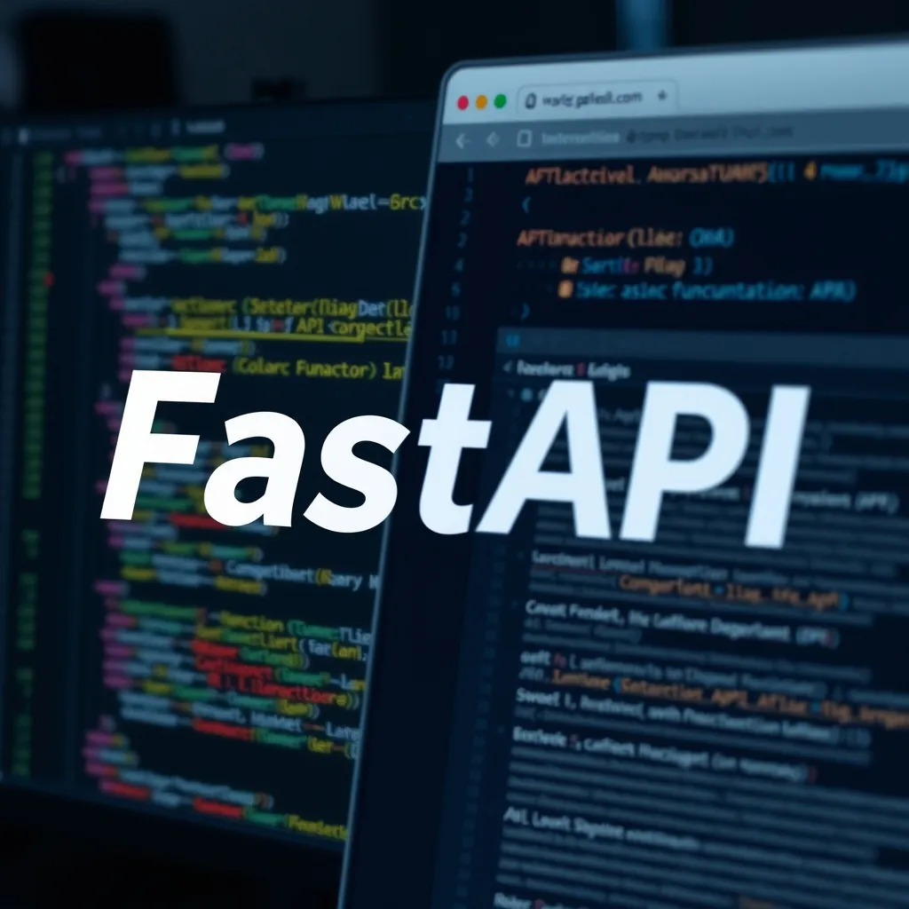 FastAPI logo with code editor showing async function definitions and a browser displaying interactive API documentation Fastapi logo code