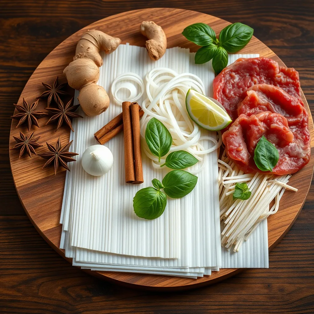 Flat rice noodle sheets and fresh pho ingredients arranged on a wooden cutting board, including star anise, cinnamon sticks, ginger, onions, lime wedges, Thai basil, bean sprouts, and thin slices of raw beef Flat rice noodle