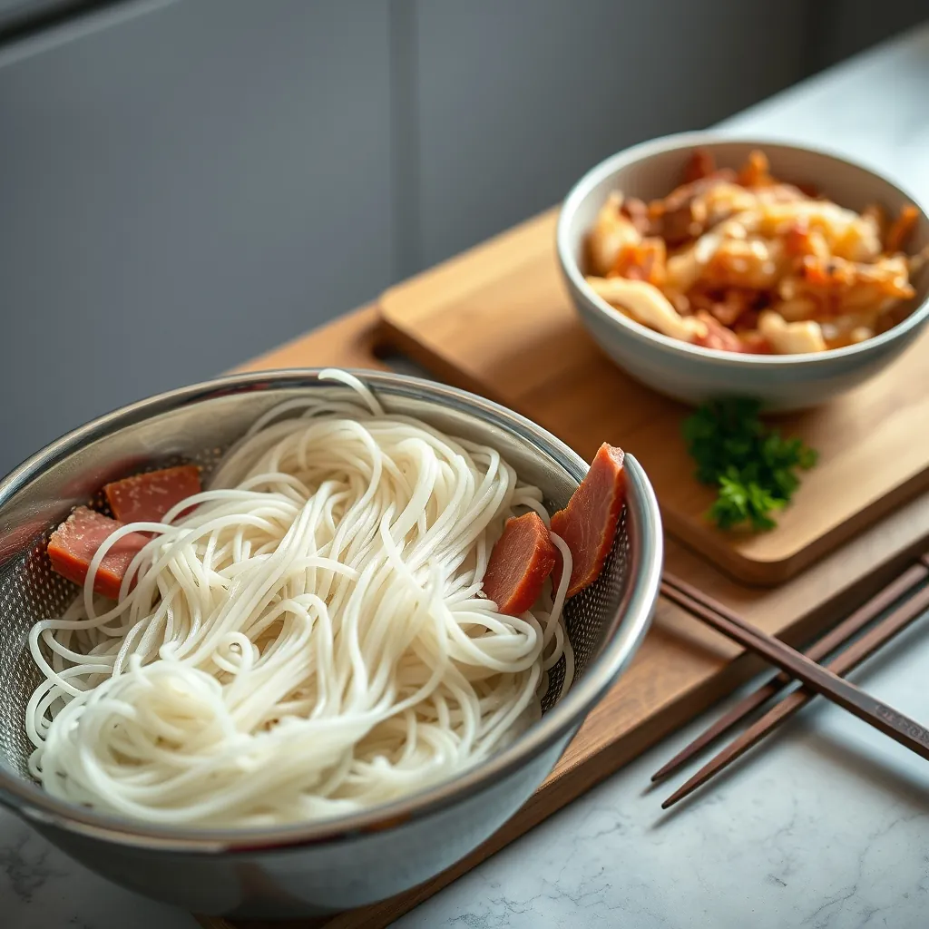Flat rice noodles in a colander being rinsed with cold water next to a cutting board with paper-thin slices of raw beef and a bowl of shredded rotisserie chicken, bright kitchen setting with chopsticks nearby Flat rice noodles