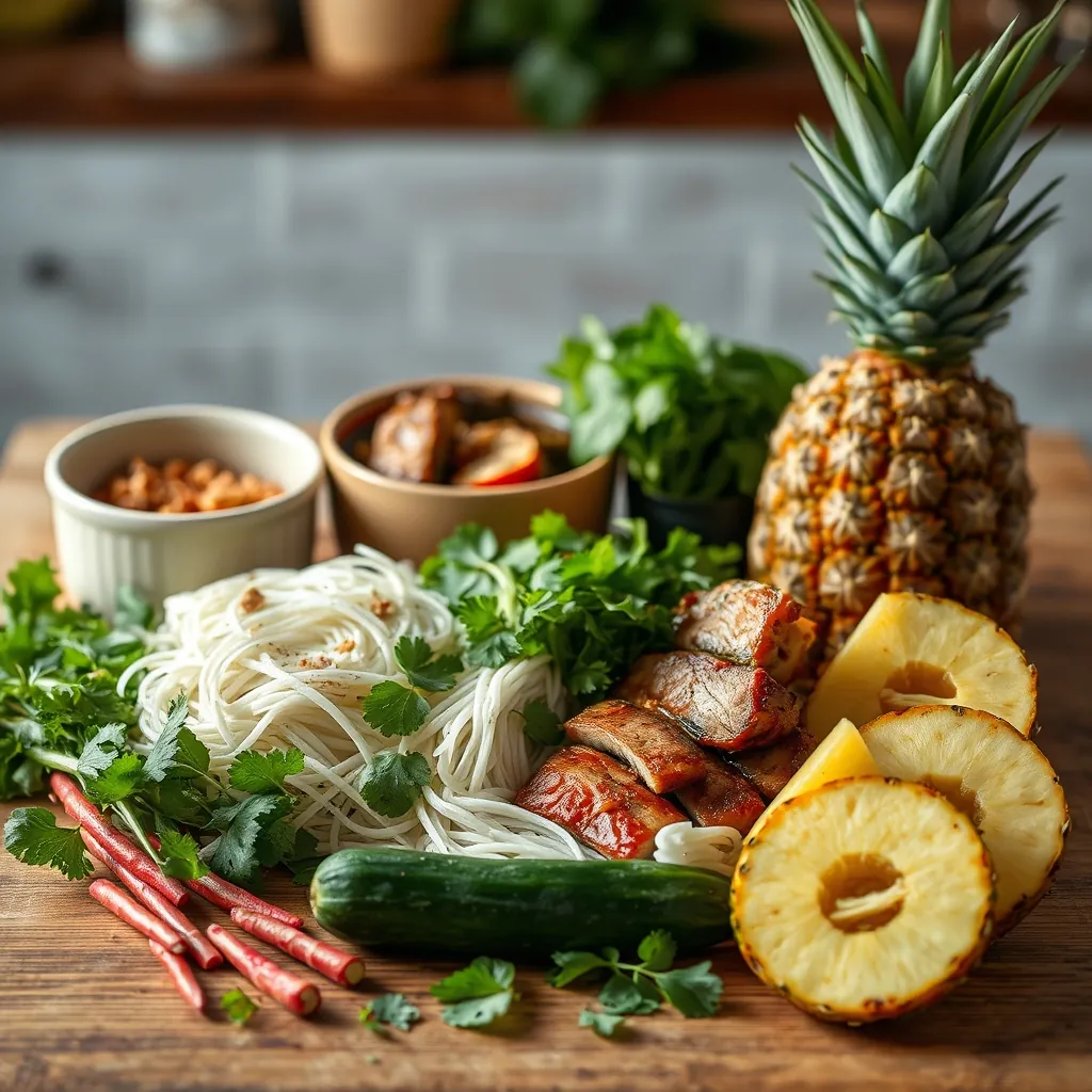 Nguyên liệu tươi ngon cho món bún mắm nêm gồm bún tươi, rau sống, thịt heo quay và dứa Fresh ingredients arranged