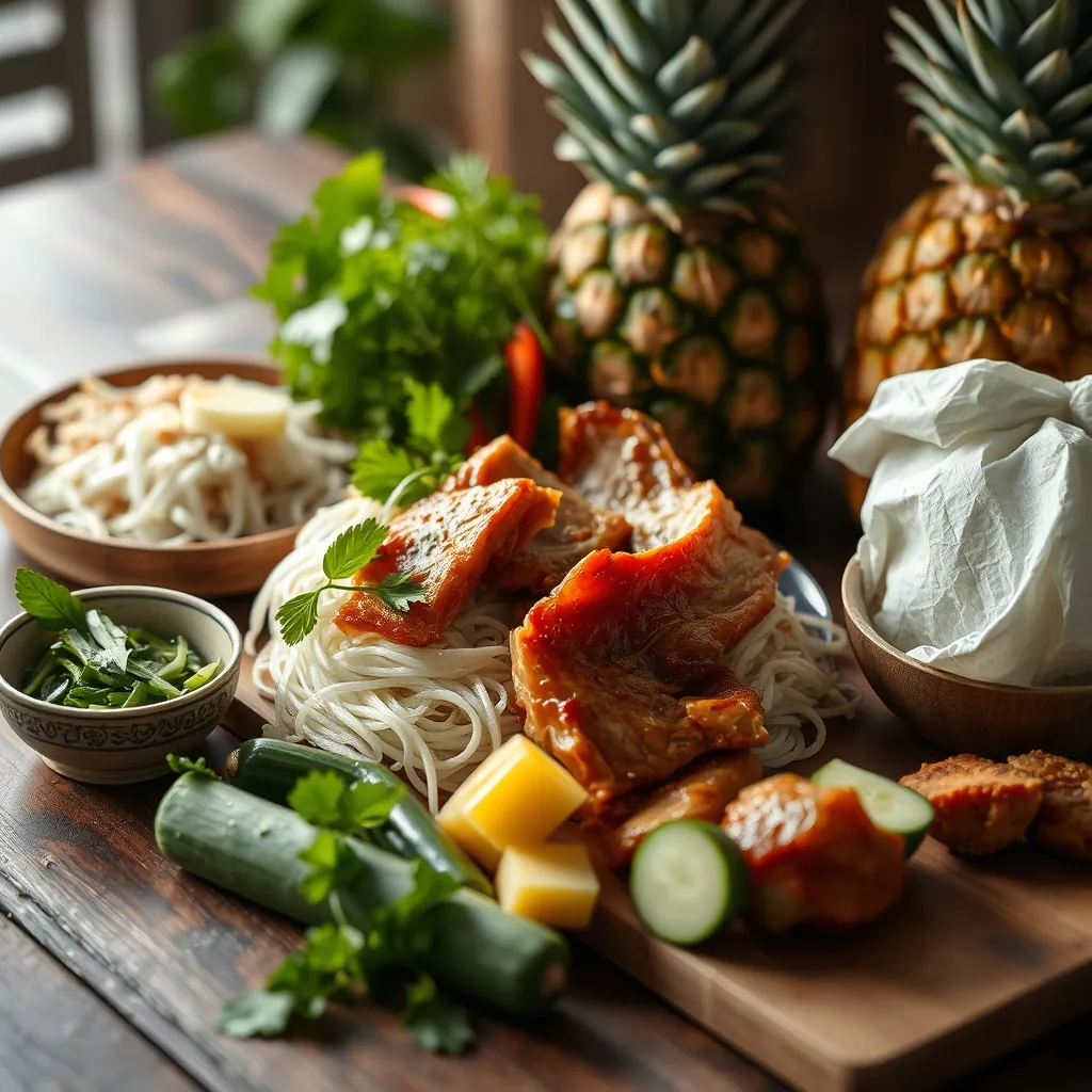 Nguyên liệu tươi ngon cho món bún mắm nêm gồm bún tươi, rau sống, thịt heo quay và dứa Fresh ingredients arranged