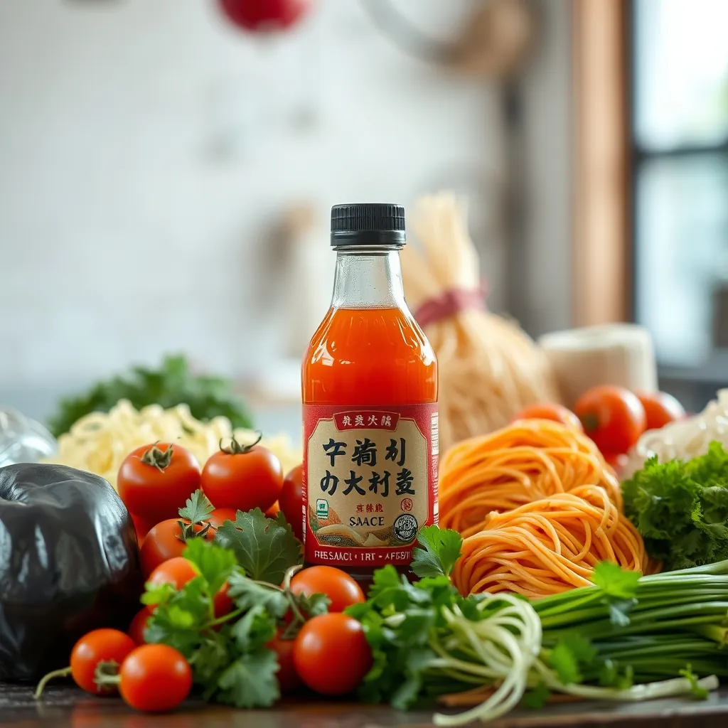 Lựa chọn nguyên liệu tươi tại chợ gồm bún tươi, rau sống và mắm nêm Fresh market produce