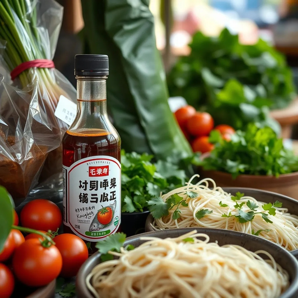 Lựa chọn nguyên liệu tươi tại chợ gồm bún tươi, rau sống và mắm nêm Fresh market produce