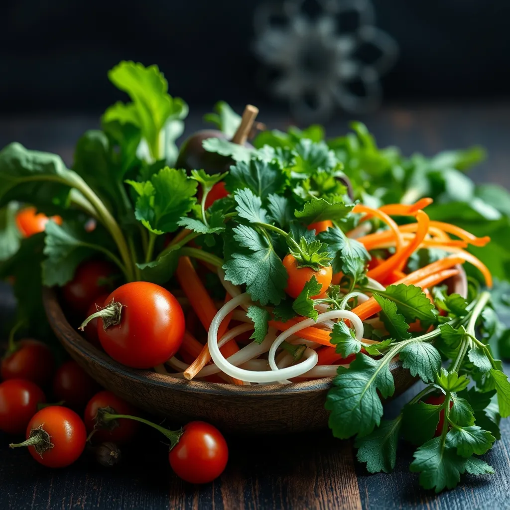 Rau củ và rau thơm tươi để chuẩn bị phở chay Fresh vegetables herbs