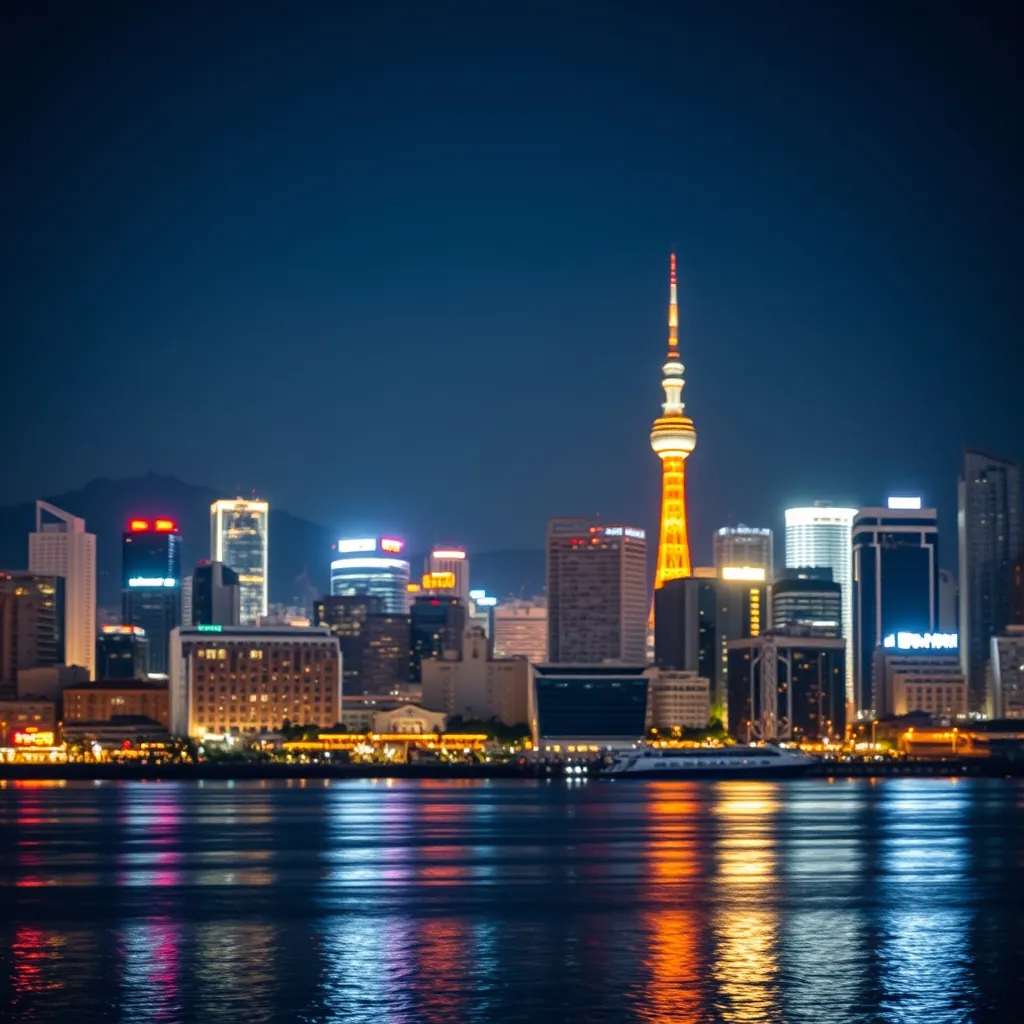 福岡・博多湾の夜景と福岡タワーのイルミネーション