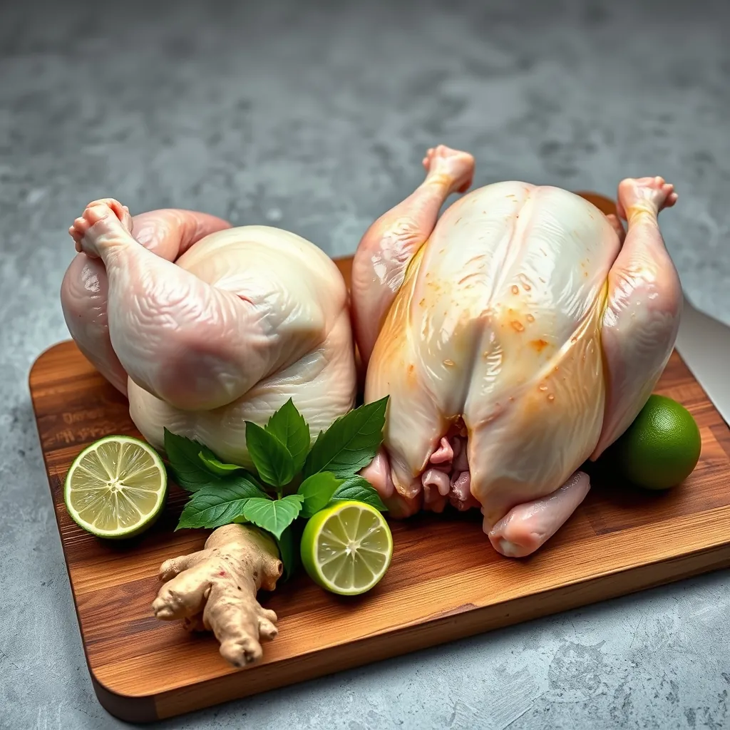 Gà ta và gà công nghiệp đặt cạnh nhau trên thớt gỗ, so sánh kích thước và màu sắc thịt