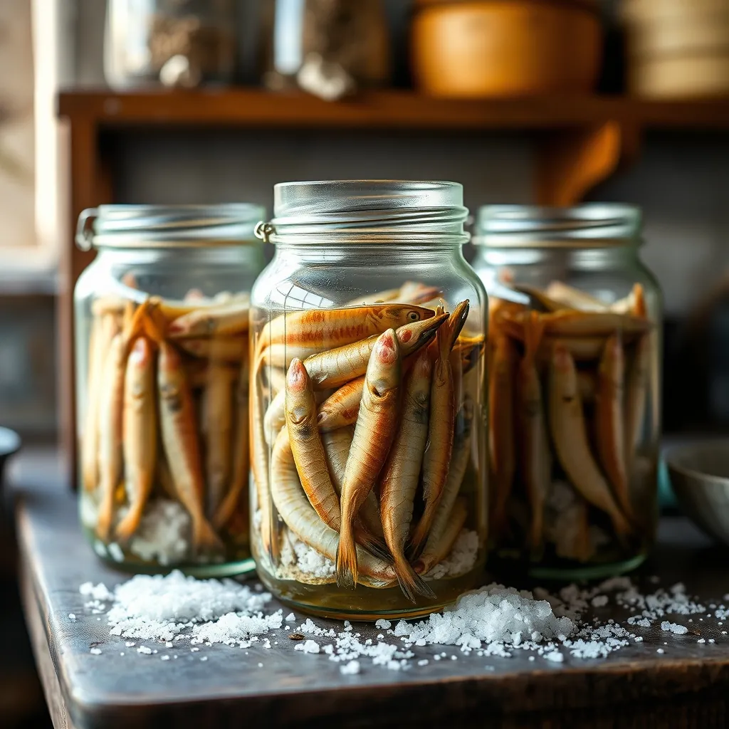 Hũ thủy tinh đang ủ mắm cá cơm với muối theo phương pháp truyền thống Glass jars fermenting