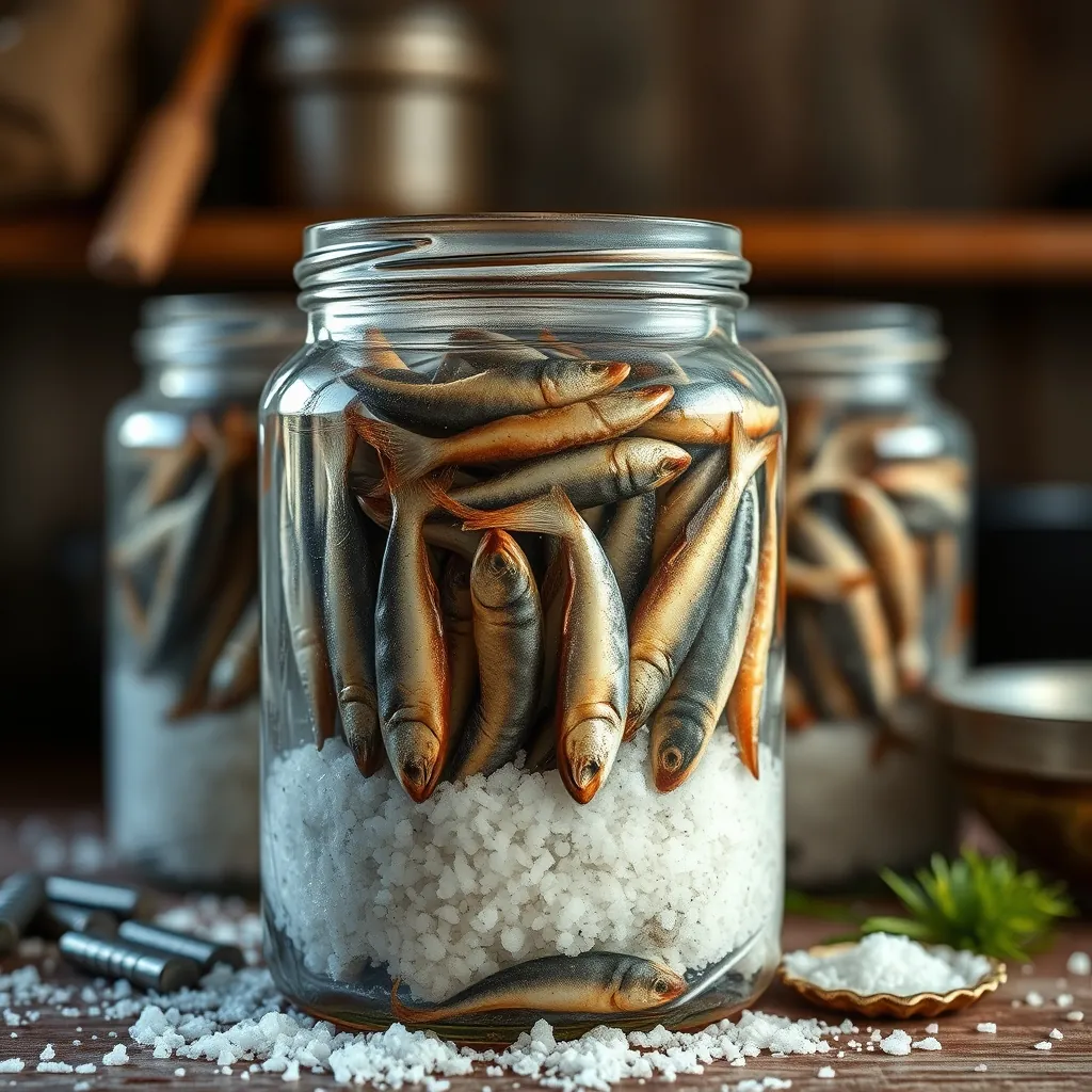 Hũ thủy tinh đang ủ mắm cá cơm với muối theo phương pháp truyền thống Glass jars fermenting