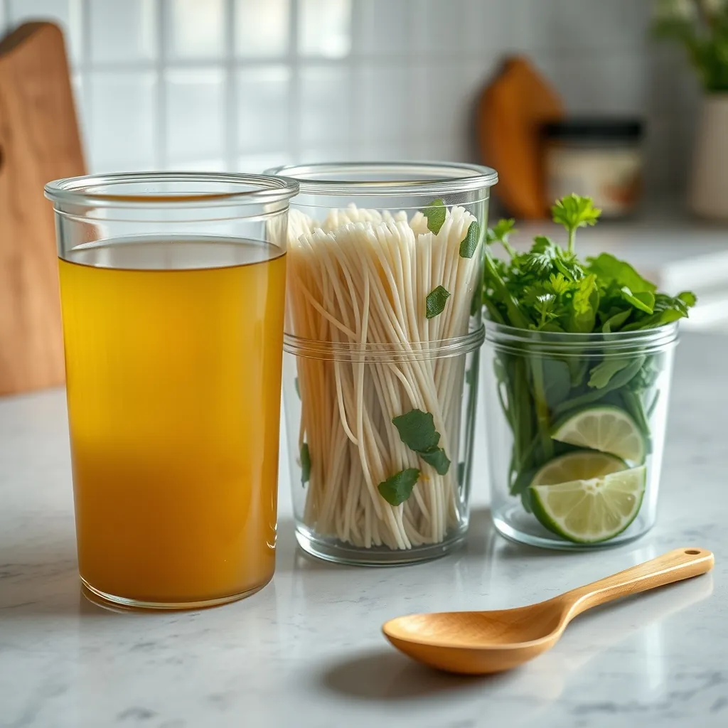 Glass meal prep containers on a kitchen counter showing the three components of pho stored separately, one container with clear golden broth, one with dry rice noodles, and one with fresh herbs and lime wedges, a wooden spoon resting beside them Glass meal prep