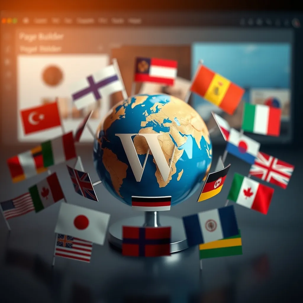 Biểu tượng toàn cầu với nhiều ngôn ngữ xung quanh giao diện trình tạo trang Globe icon multiple